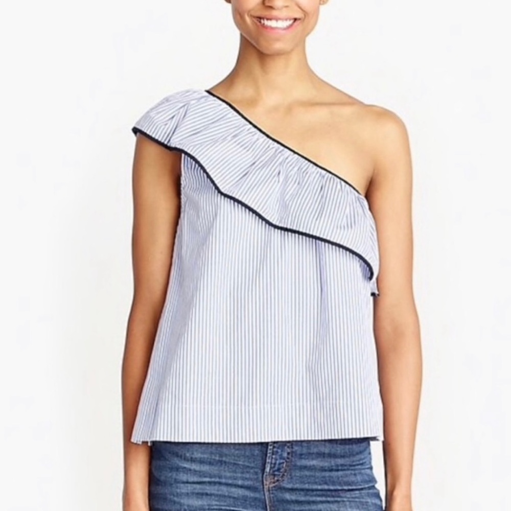 J. Crew Stripe Blouse Blue White One Shoulder Ruffle Cotton Blend J0838 Sz 4 S